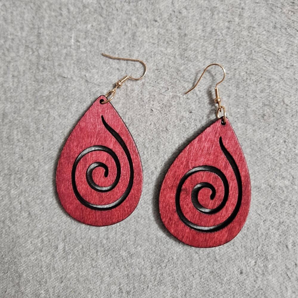 Boutique Bright Red Stained Wood Swirl Dangle Earrings ~ Casual ~ Boho ~ Fiery